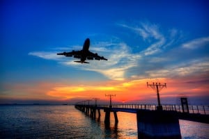 Aeronautical lights and airplane landing at Hong Kong Airport